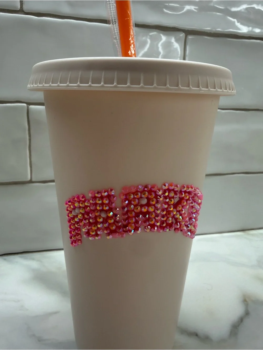 Custom Rhinestone Parke x Dunkin Travel Cup with Orange Straw NWT